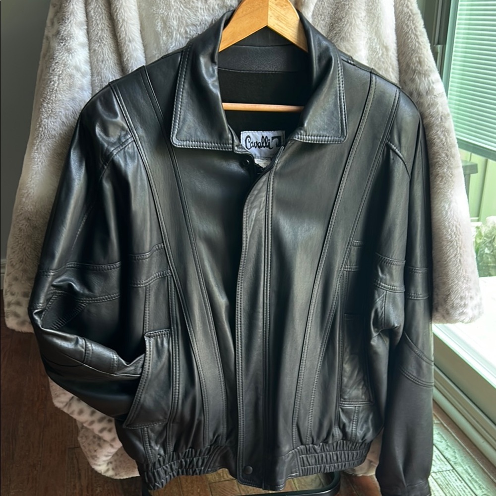 Cavalli Vintage Black Leather Jacket for Men Size 42